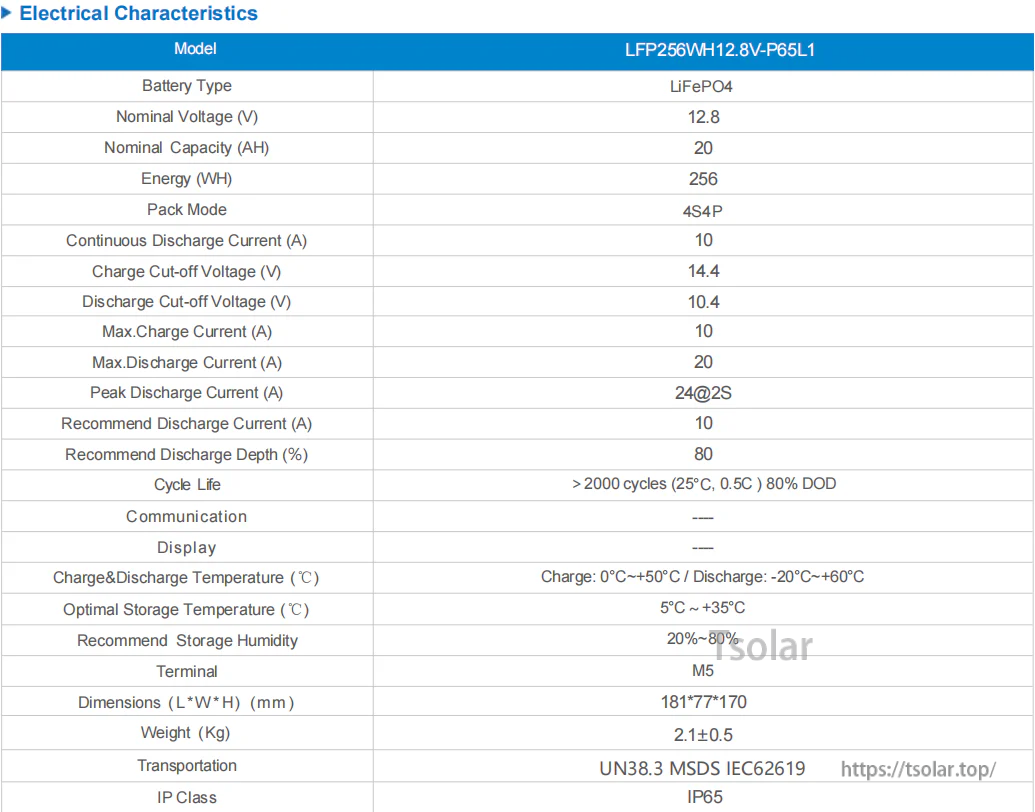 12.8V 20Ah Lithium Battery LFP256WH12.8V-P65L1