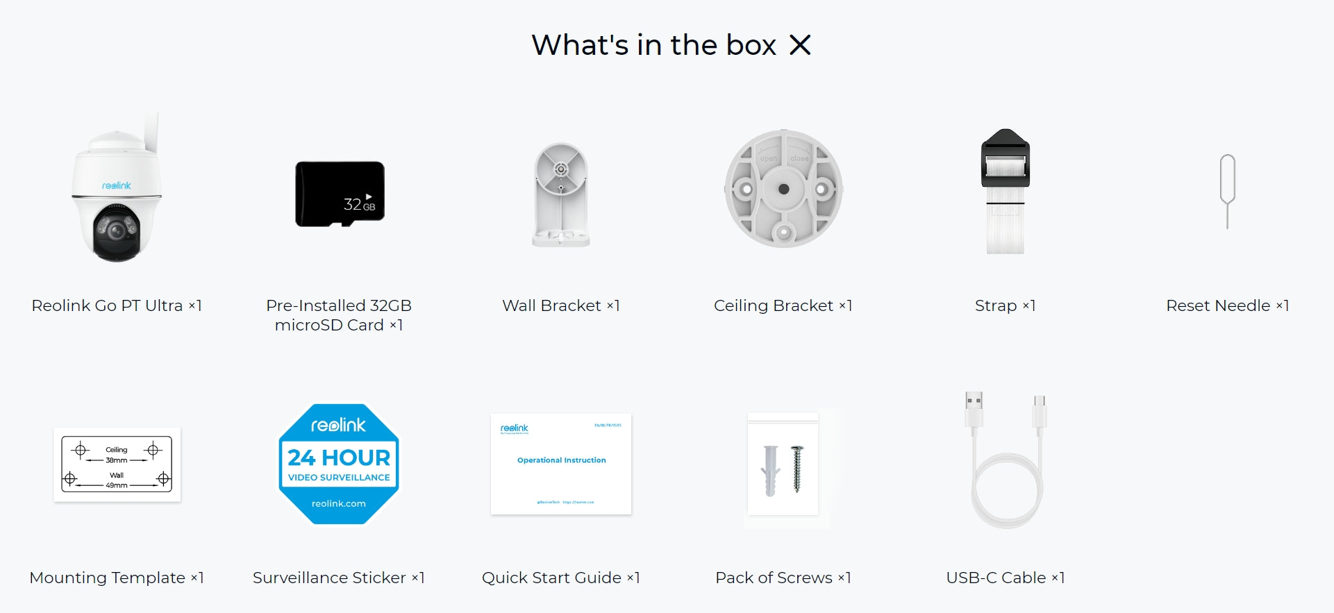 Reolink Go PT Ultra 4G Solar Camera, Reolink Go PT Ultra package includes microSD card, manuals, mounting brackets, accessories and cables.