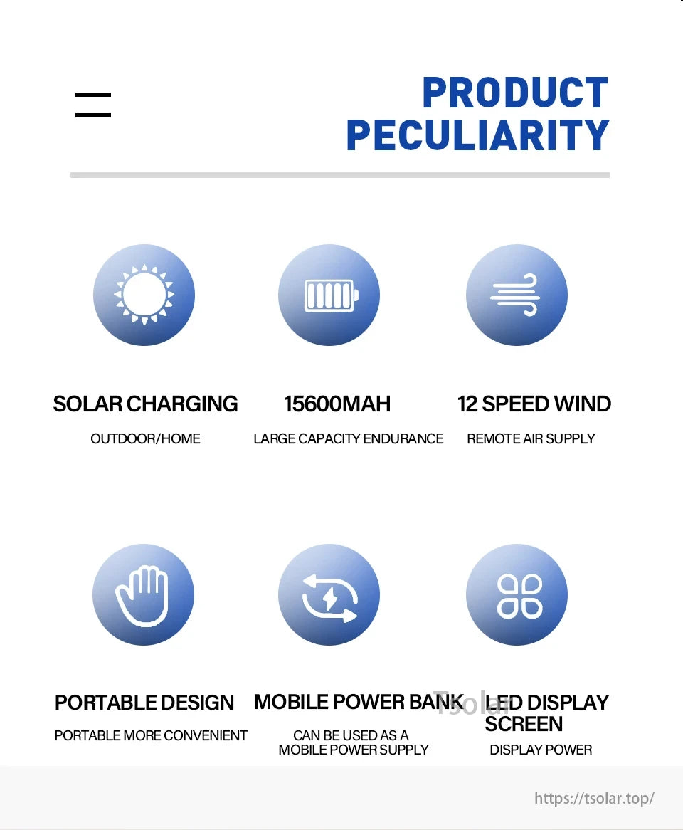 14 Inch Portable Rechargeable Table Fan, A 14-inch rechargeable fan with solar charging, 15600mAh capacity, 12 wind speeds, remote air supply, portable design, power bank function, and LED display.