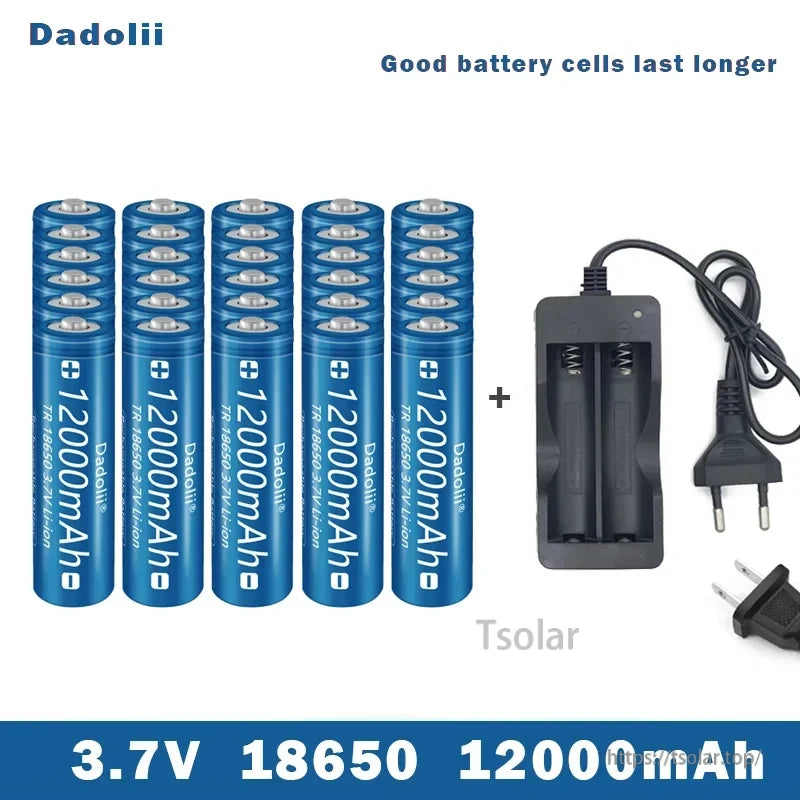 18650 Li-ion Rechargeable Battery, Dadolii 18650 3.7V 12000mAh Li-ion batteries offer high capacity and long-lasting performance, ideal for extended use, with a compatible charger included.