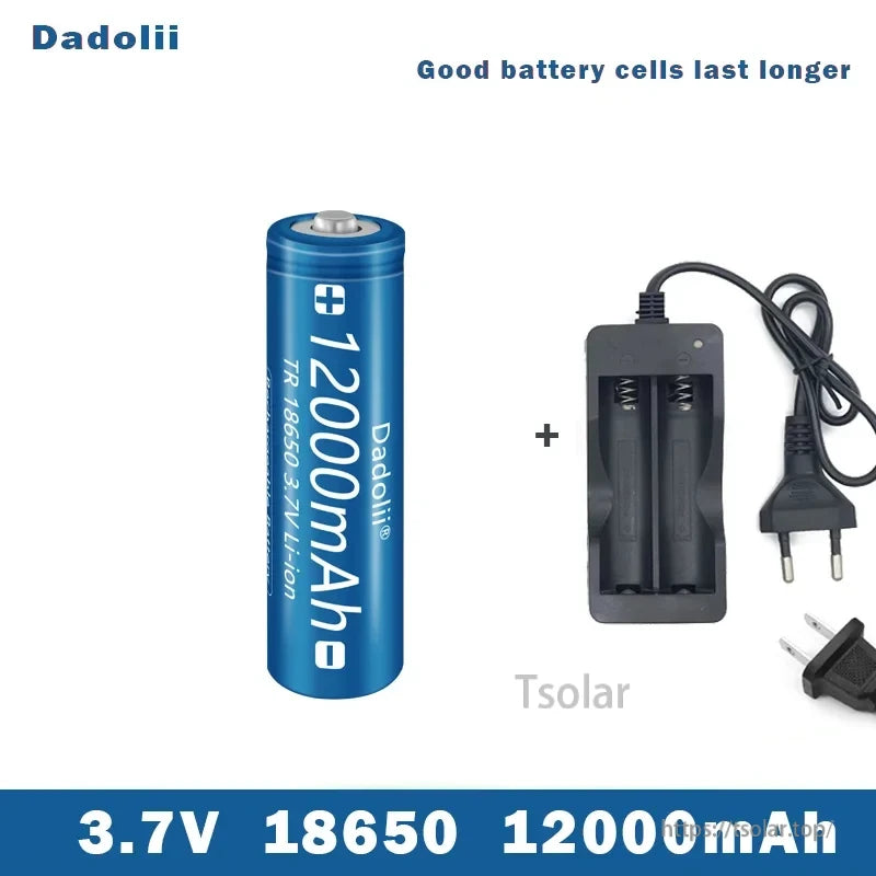 18650 Li-ion Rechargeable Battery, Dadolii 18650 3.7V 12000mAh Li-ion battery with charger; high-quality cells ensure longer lifespan and reliable performance.