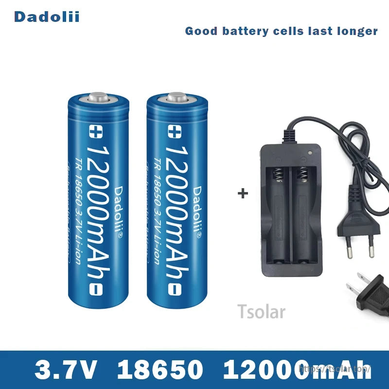 18650 Li-ion Rechargeable Battery, Dadolii 18650 3.7V Li-ion batteries offer 12,000mAh capacity, include a dual-slot charger, and use quality cells for extended lifespan.
