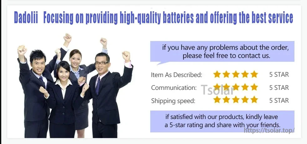 18650 Li-ion Rechargeable Battery, Dadolii offers high-quality batteries and excellent service, with 5-star ratings for accuracy, communication, and shipping. Contact for issues and leave a 5-star review if satisfied.
