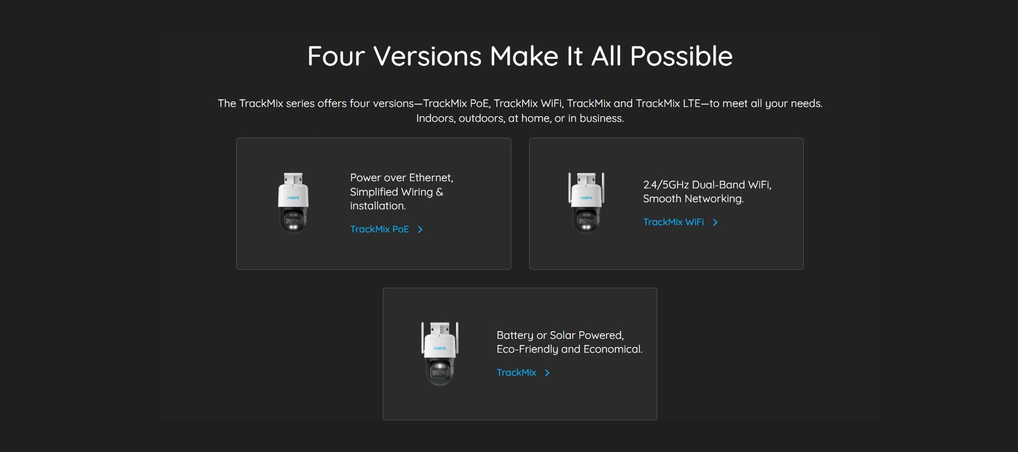 Reolink TrackMix LTE 4G Battery Camera, Reolink's TrackMix series offers four versions for various needs: indoor/outdoor, WiFi, LTE, or eco-friendly battery/solar options.