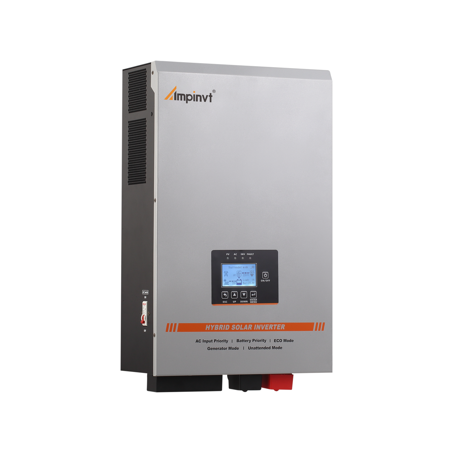 Ampinvt 5KW 24VDC hybrid solar inverter, front-left view with LCD control panel and vents