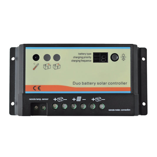 SolarEpic dual battery PWM solar charge controller with front control panel, DIP switch, and screw terminal connections