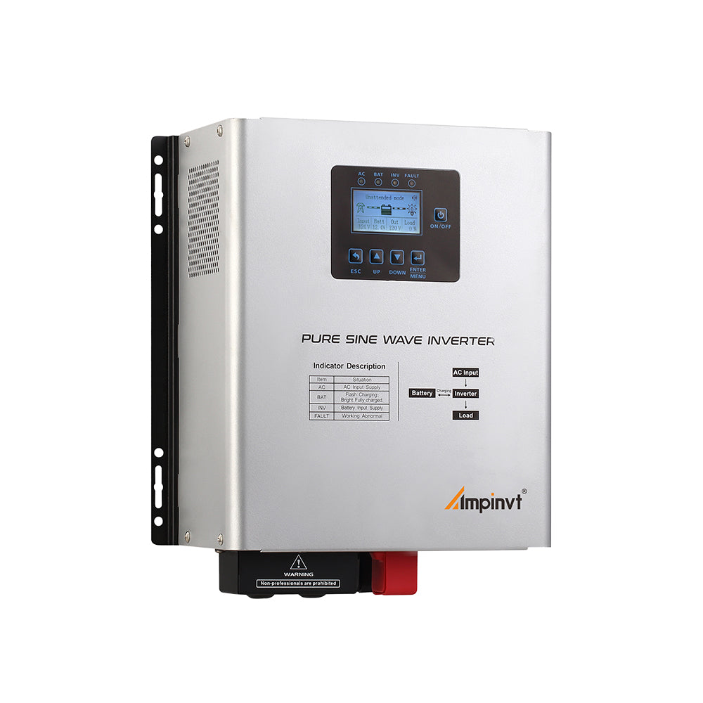 Ampinvt HT-Series 1200W 24V pure sine wave inverter charger front view with LCD control panel