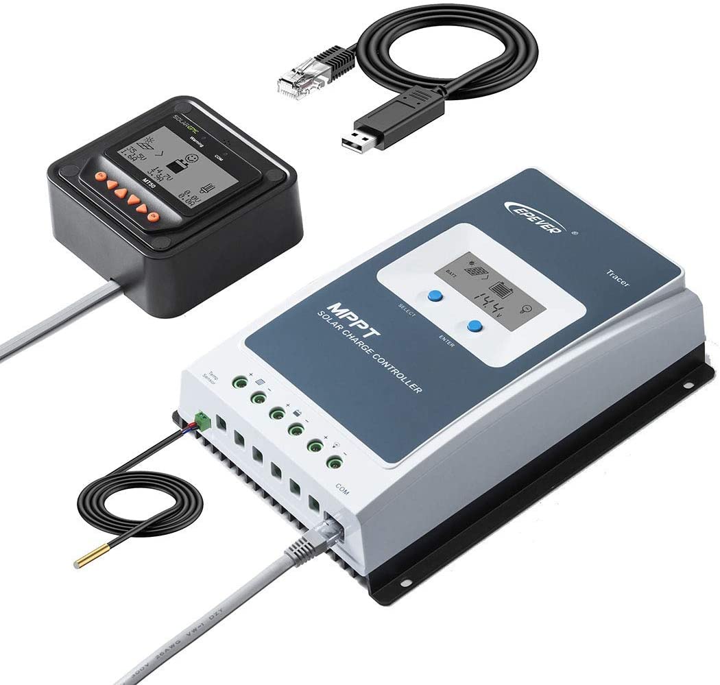 Epever Tracer MPPT solar charge controller with LCD display, wiring terminals, remote meter, and USB-to-RJ45 cable