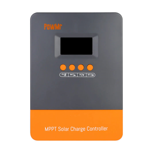 PowMr 60A MPPT Solar Charge Controller, PowMr 60A MPPT solar charge controller supports 12V/24V/36V/48V systems, featuring PV, BAT, DC, and SET indicators for off-grid use.