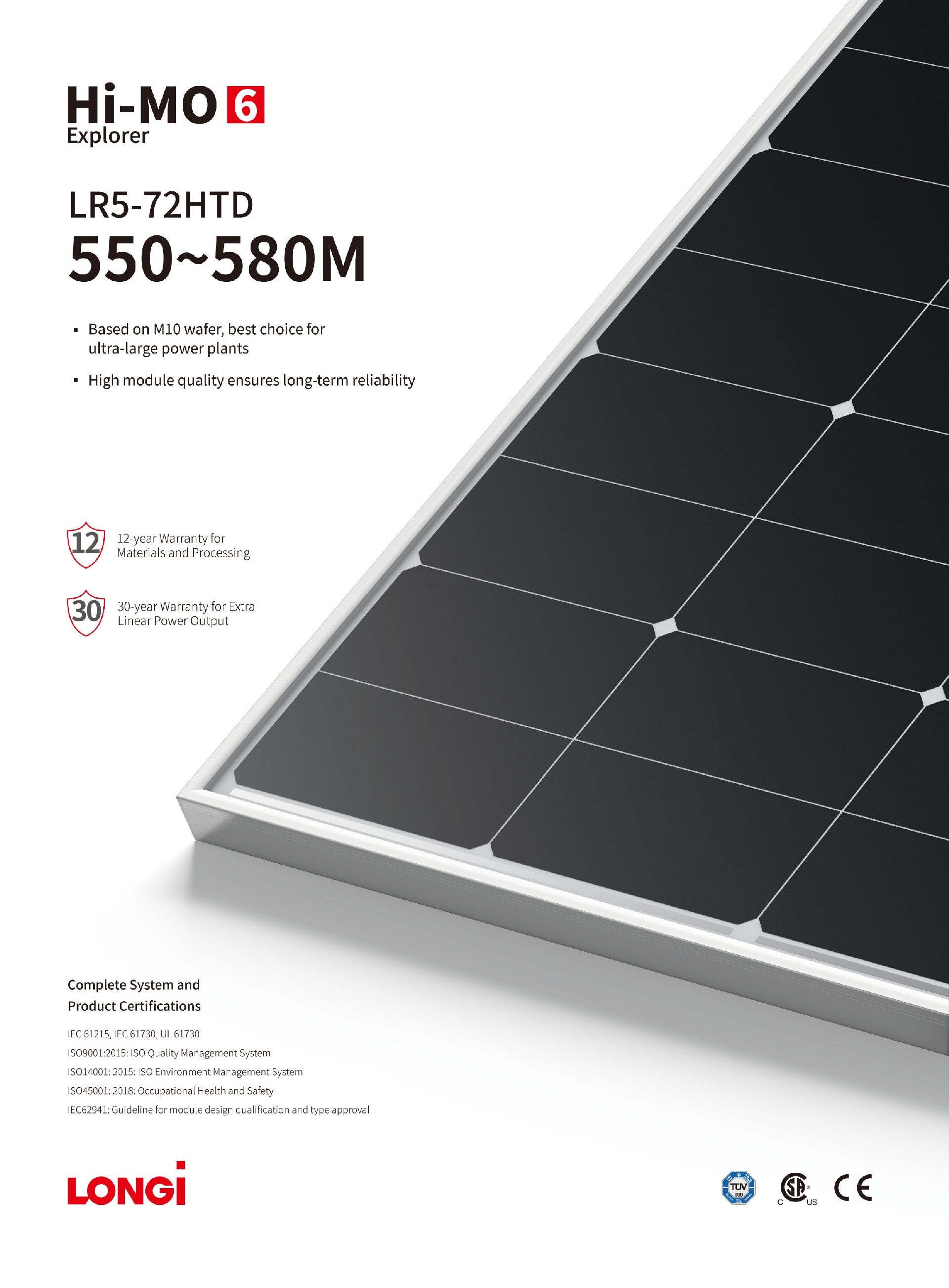 High-quality solar panel with 12-year warranty on materials and processing, and 30-year power output guarantee.