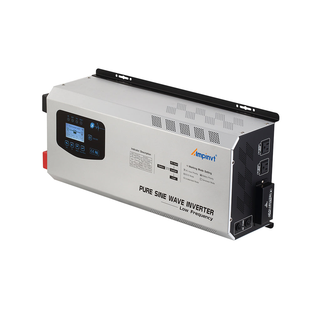 Ampinvt FT Series 5000W 48V split phase pure sine wave inverter with LCD display, angled view