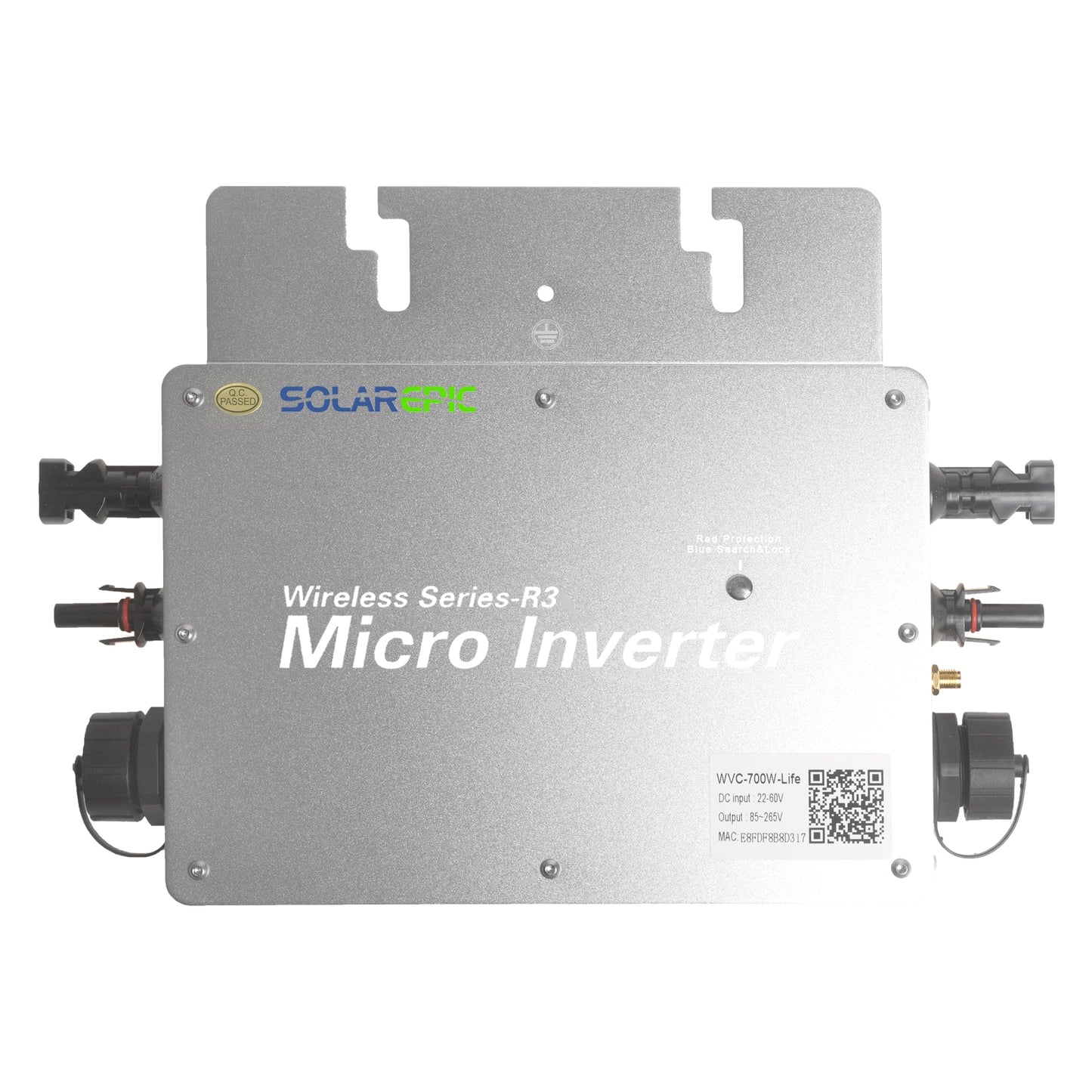 SolarEpic Grid Tie Inverter, SolarEpic Wireless Series-R3 micro grid-tie inverter with metal housing, mounting tabs, and DC connectors