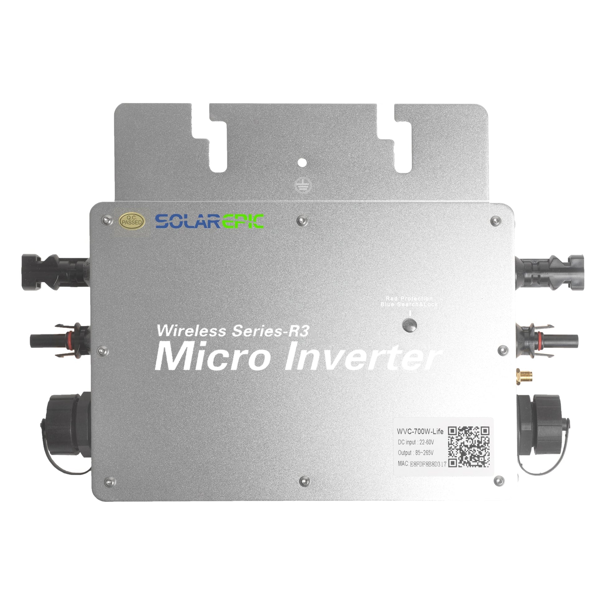 SolarEpic Grid Tie Inverter, SolarEpic Wireless Series-R3 micro grid-tie inverter with metal housing, mounting tabs, and DC connectors