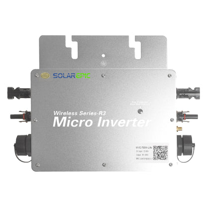 SolarEpic Grid Tie Inverter, SolarEpic Wireless Series-R3 micro grid-tie inverter with metal housing, mounting tabs, and DC connectors