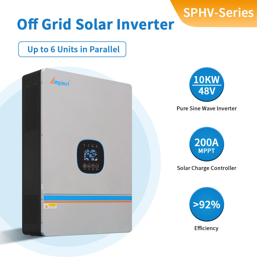 Ampinvt SPHV-Series 10kW 48V Solar Inverter, Ampinvt SPHV-Series off-grid solar inverter with LCD display, 10kW 48V, supports up to 6 units.