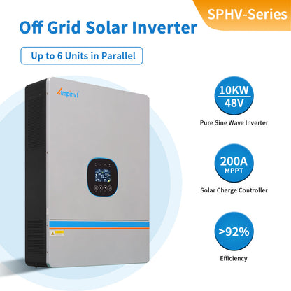 Ampinvt SPHV-Series 10kW 48V Solar Inverter, Ampinvt SPHV-Series off-grid solar inverter with LCD display, 10kW 48V, supports up to 6 units.