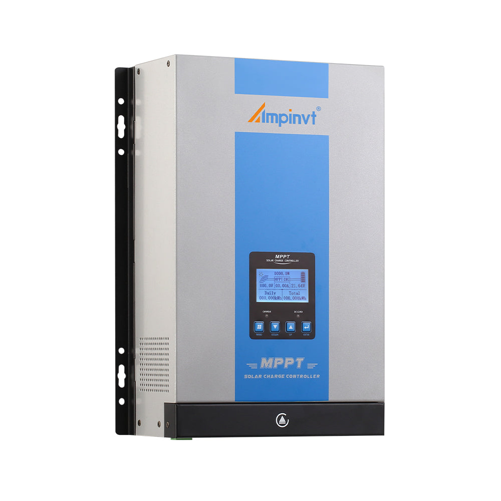 Ampinvt AP-Series 120A MPPT solar charge controller with LCD screen, front angled view