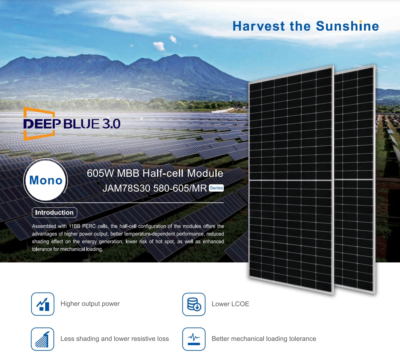 Deep Blue 3.0 solar module with 11BB PERC cells for improved performance.