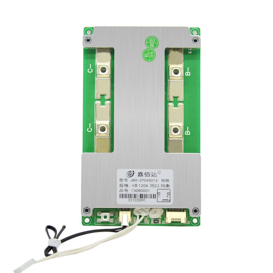 JBD ZP04S014 hardware BMS board, top view with aluminum heat sink and B+/B- terminals