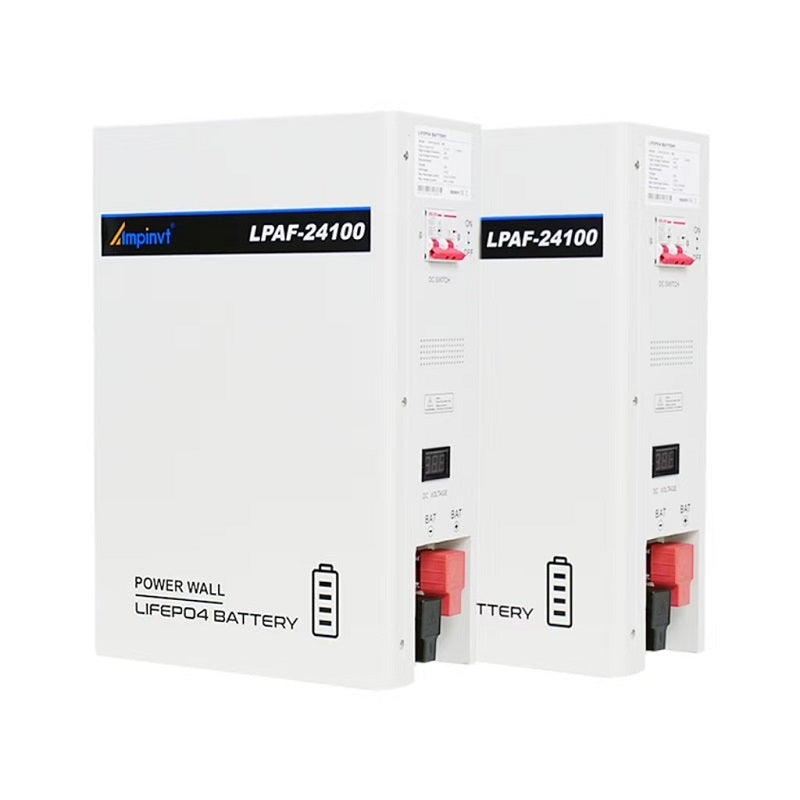 Two Ampinvt LPAF-24100 power wall LiFePO4 batteries shown together, angled front views