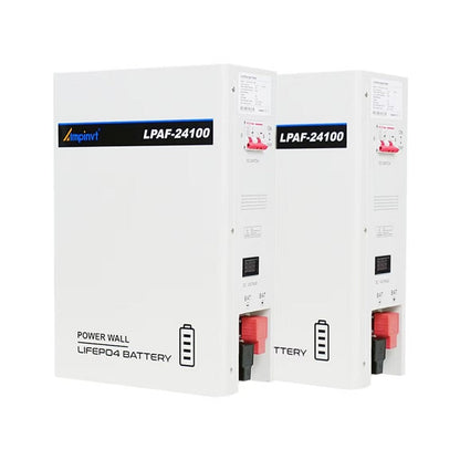 Two Ampinvt LPAF-24100 power wall LiFePO4 batteries shown together, angled front views