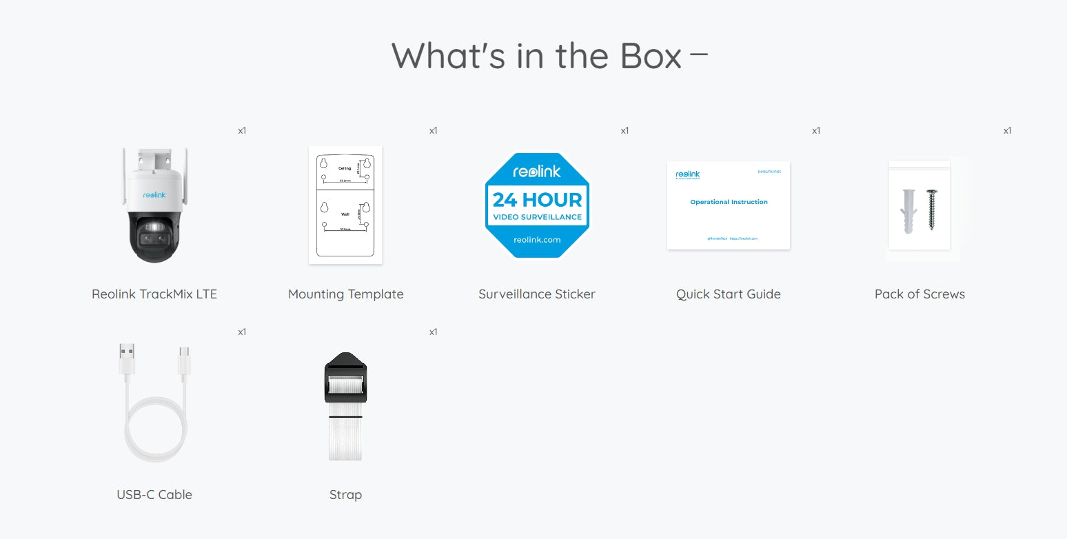 Reolink TrackMix LTE 4G Battery Camera, Reolink package contents: quick start guide, mounting template, and more.