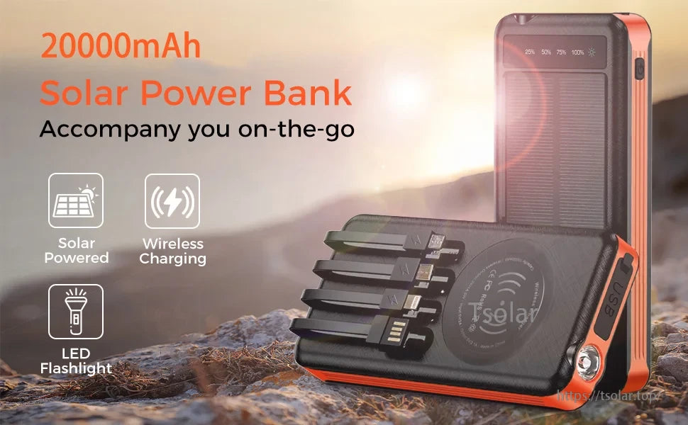 20000mAh solar power bank features wireless charging, LED flashlight, multiple ports for portable use.