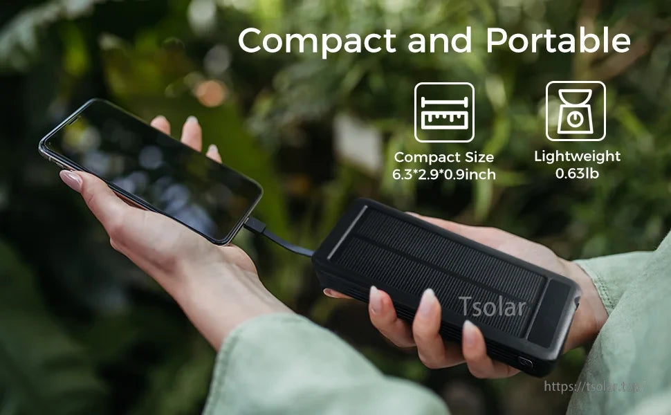 Compact 20000mAh solar power bank, 6.3×2.9×0.9 inches, 0.63lb weight.