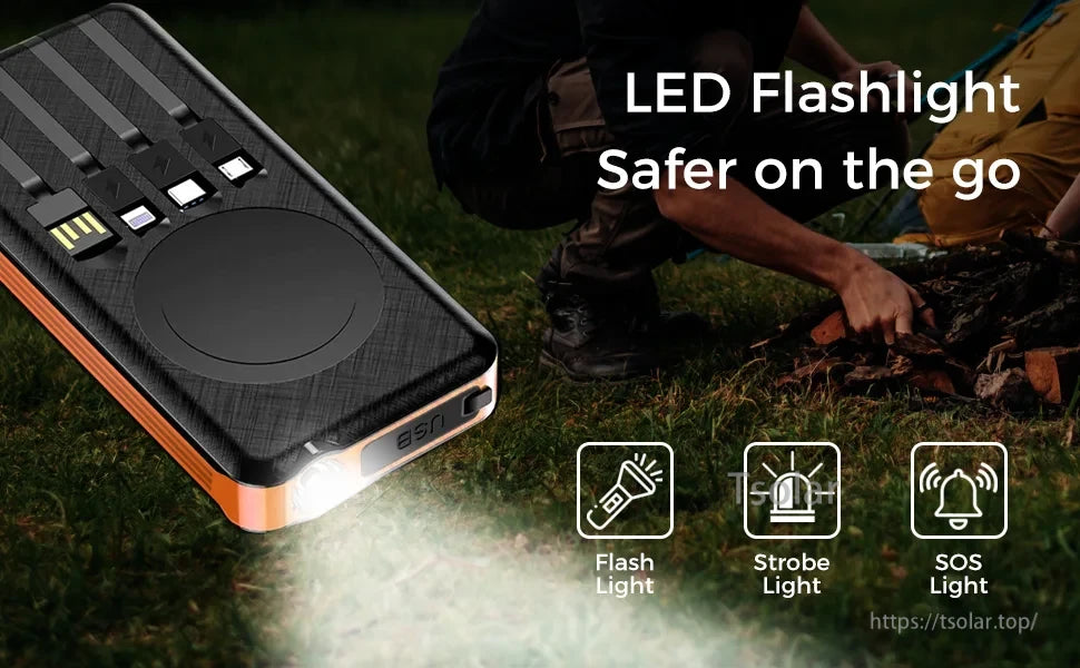 A 20000mAh solar power bank featuring LED flashlight, strobe, and SOS light for outdoor safety.