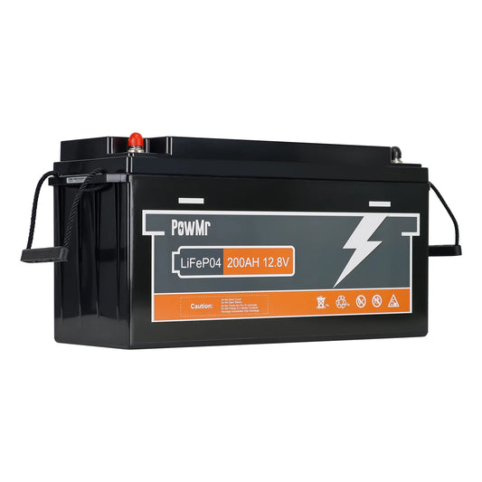 PowMr LiFePO4 Battery 12.8V 200Ah deep cycle lithium battery, side view with carry handles