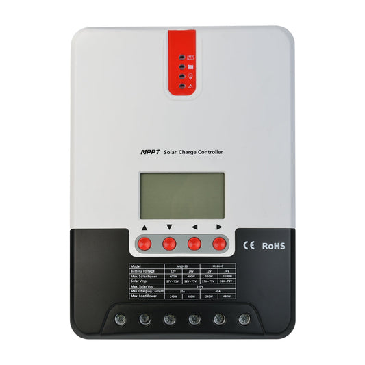 MPPT solar charge controller with front LCD display, control buttons, and bottom screw terminals for wiring