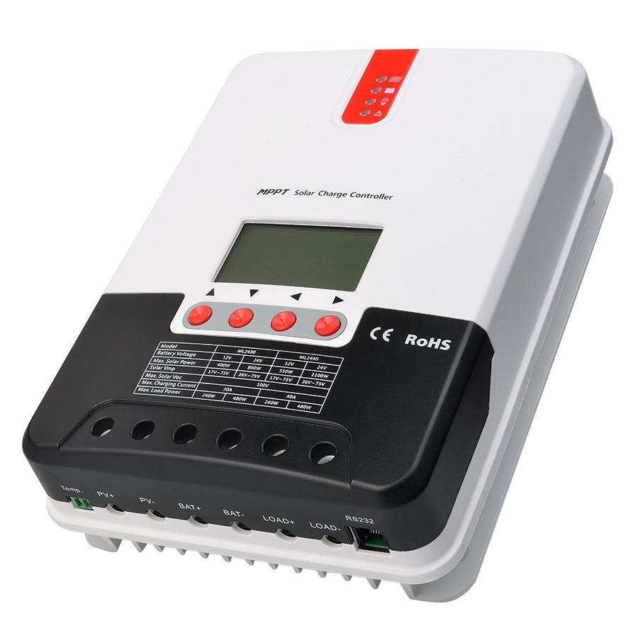 MPPT solar charge controller with LCD display, control buttons, and PV/battery/load terminals plus RS232 port