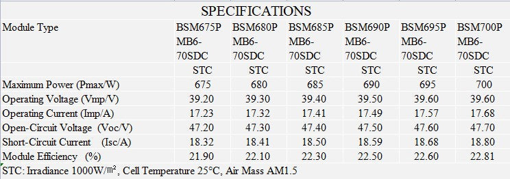 Bluesun 700 Watt Solar Panel, Specifications: BSM67SP module with 700W power output, 39.6V/17.68A operating specs.