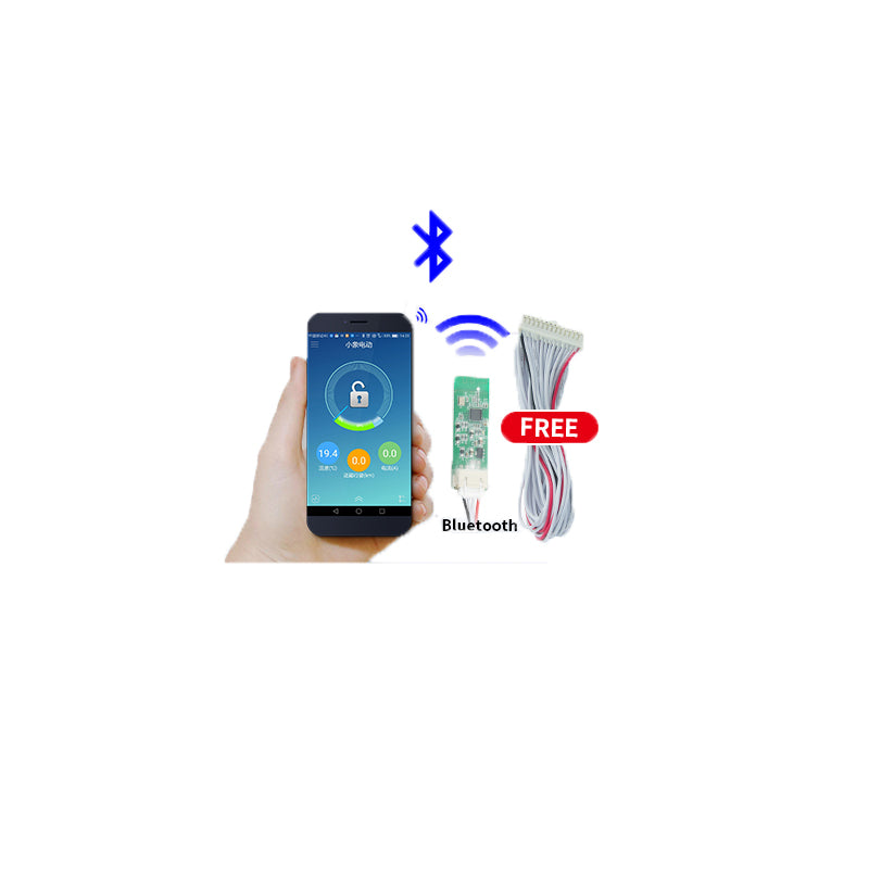 Bluetooth connection graphic showing smartphone app linking to BMS Bluetooth module and wiring harness