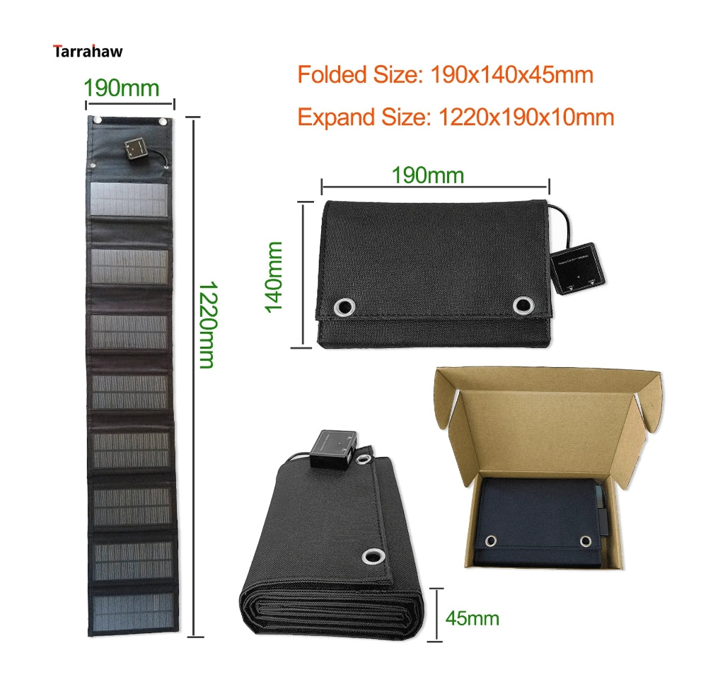 25W 5V Foldable Solar Panel, Tarrahaw Folded Size: 19Ox14O