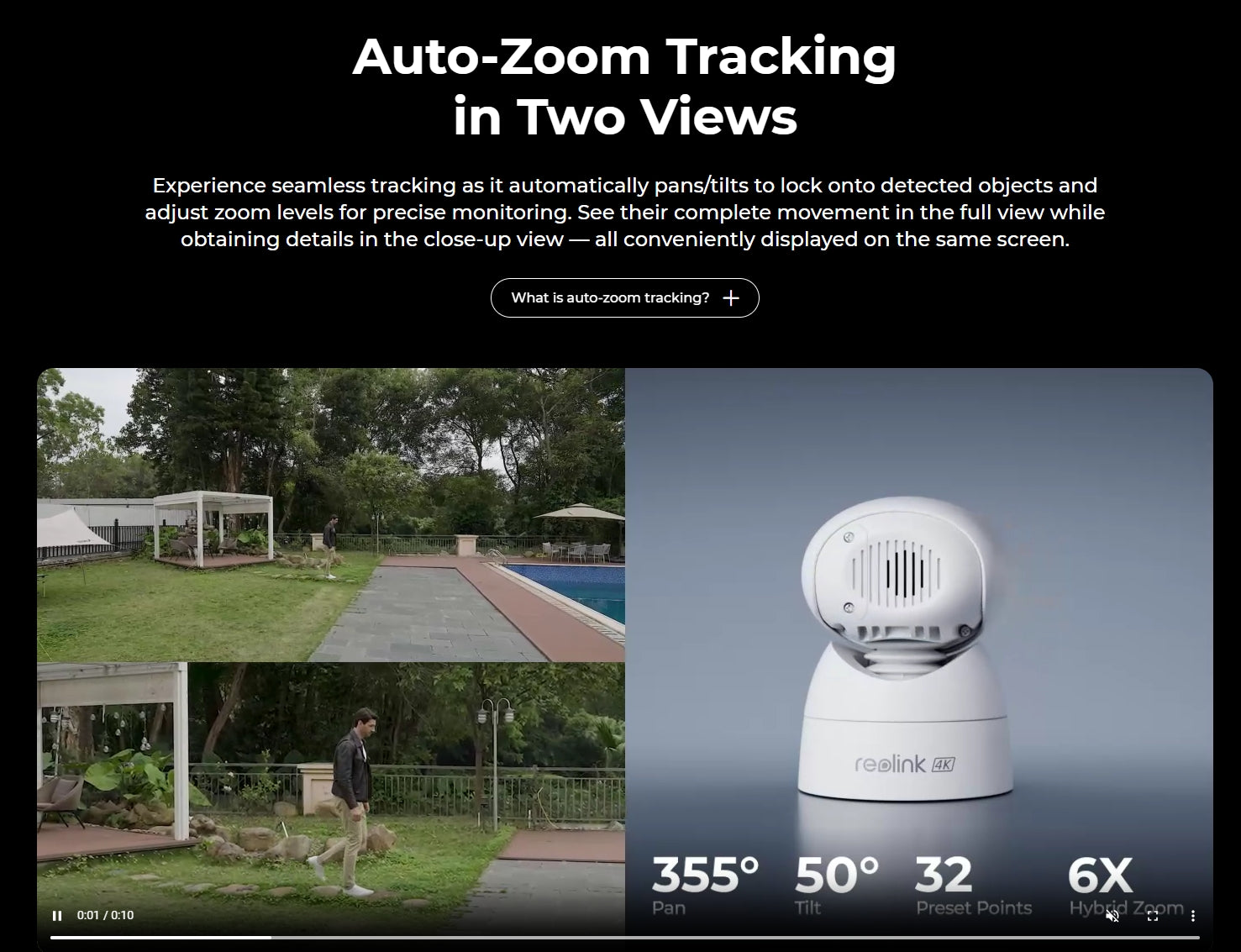 Reolink Argus Track 4K Solar Camera, Automatic camera movements track objects in real-time, displaying both wide shots and close-ups simultaneously.