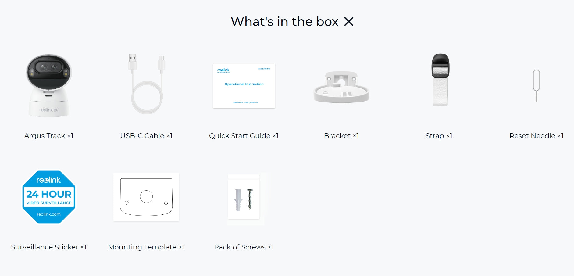 Reolink Argus Track 4K Solar Camera, Reolink Argus Track camera bundle contents: manual, cable, guides, hardware, and accessories.