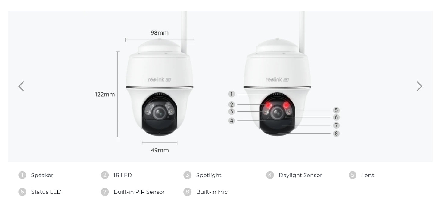 Compact Reolink camera features solar power, spotlight, and motion detection for enhanced night vision.