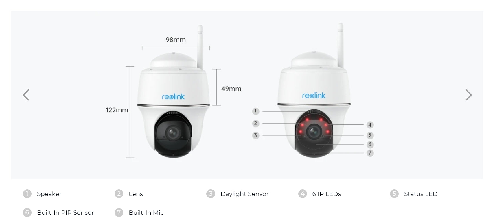 Compact wireless security camera with 122mm speaker and features like daylight sensor and IR LEDs.