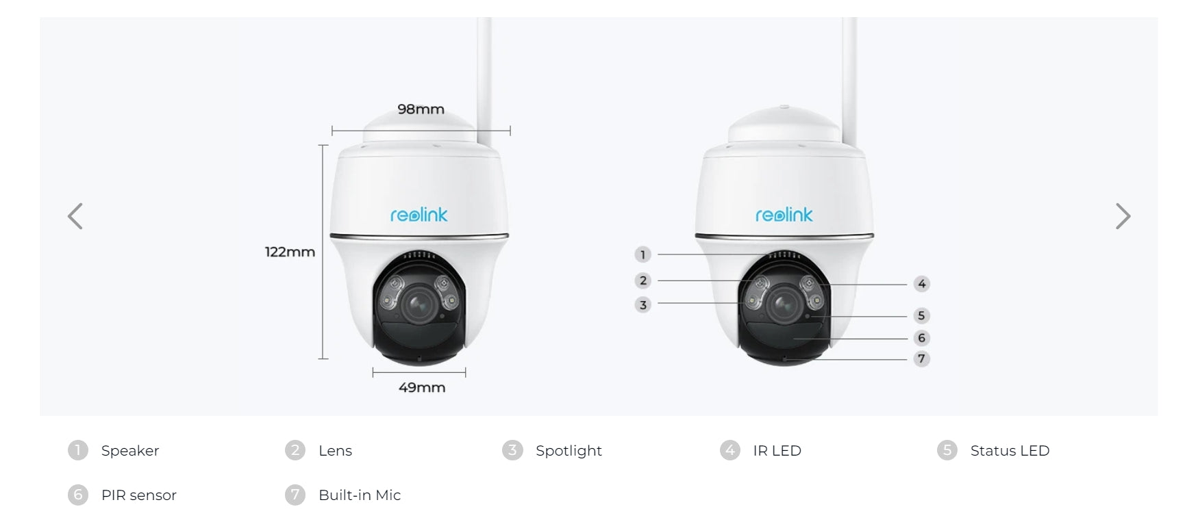 Compact Reolink Argus PT camera with solar panel features speaker, lens, spotlight, IR LED, and motion detection.