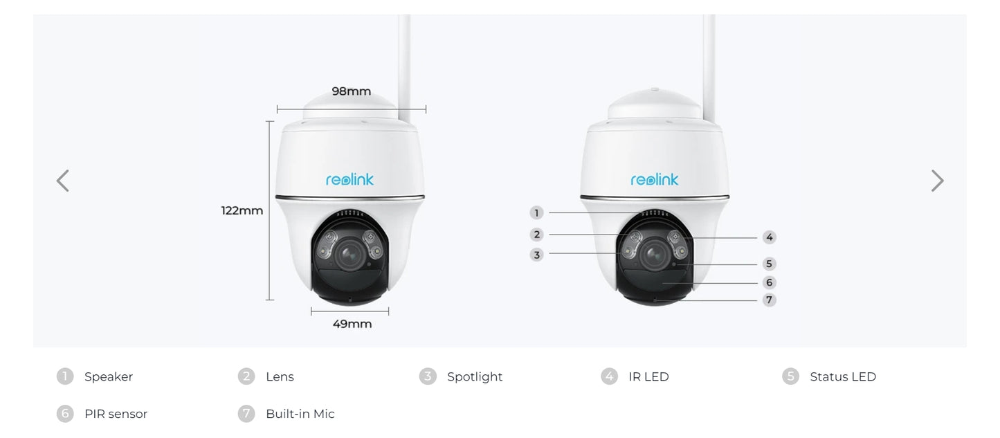 Wireless security camera with features: lens, solar panel, speaker, spotlight, motion detection, LED lights, and built-in mic.