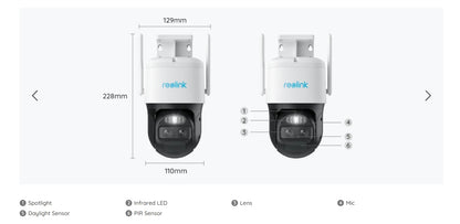 Reolink TrackMix LTE 4G Battery Camera, Night vision camera with 129mm lens, IR LEDs, spotlight, and sensors for daylight and motion detection.