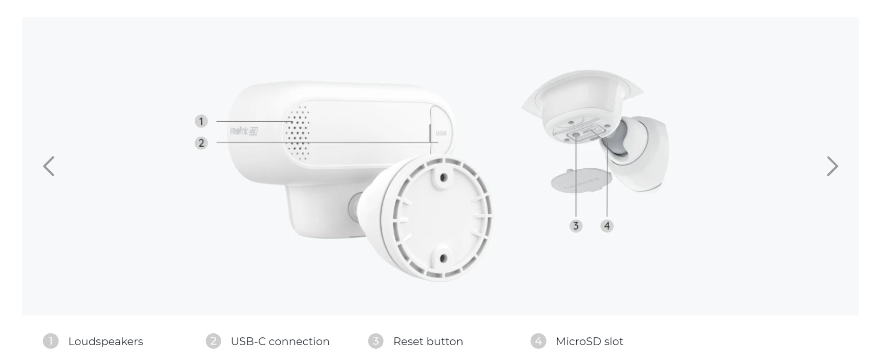 Reolink Argus 4 Pro 4K Solar Camera, Wireless speaker with USB-C, reset button, and microSD slot for easy setup and connectivity.