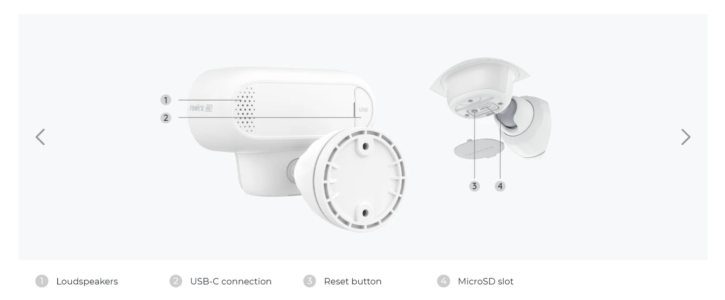 Reolink Argus 4 Pro 4K Solar Camera, Camera with speaker, USB-C port, reset button, and expandable storage.