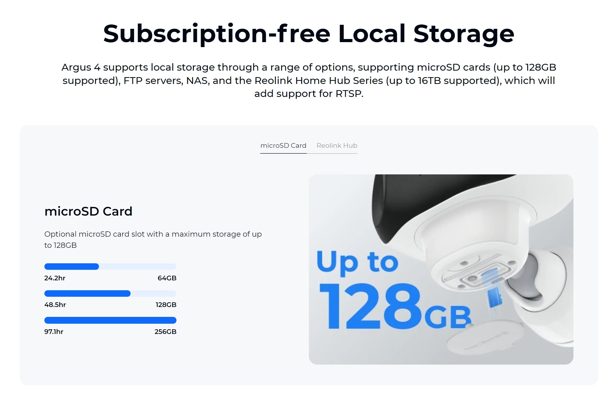 Reolink Argus 4 Solar Camera, Secure local storage options for Argus 4: microSD, FTP, NAS, or up to 16TB with Reolink Home Hub.