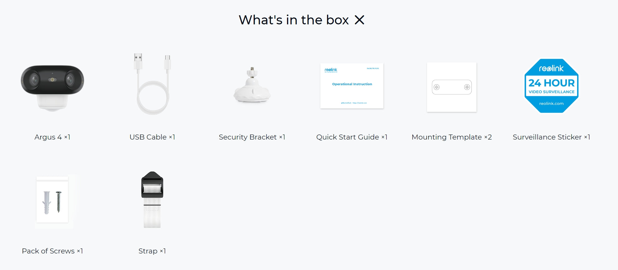 Reolink Argus 4 Solar Camera, Reolink security system contents: manuals, cables, brackets, templates, and more.
