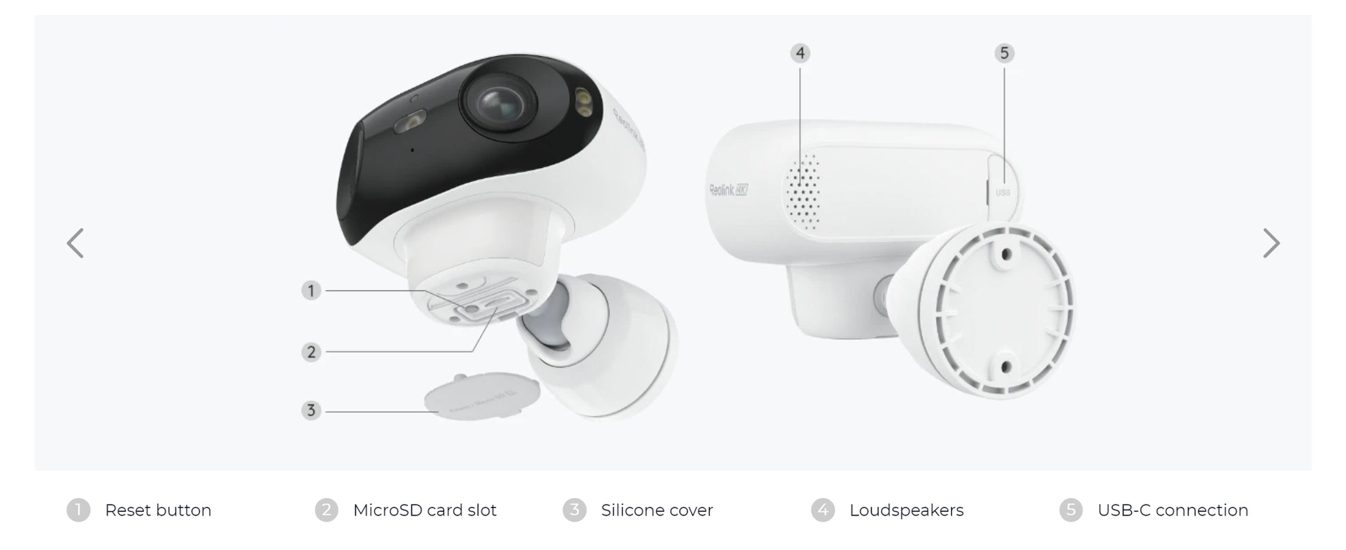 Reolink Argus 4 Solar Camera, Smart speaker features: reset button, microSD slot, silicone cover, speakers, and USB-C connection.