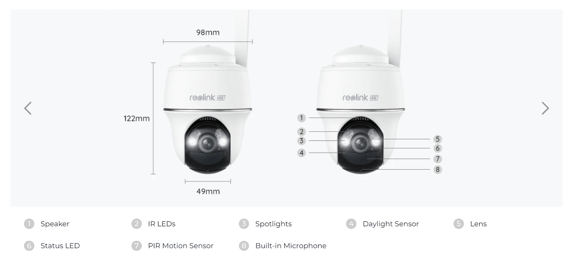 Reolink Go PT Ultra 4G Solar Camera, Wireless camera features: 4K resolution, 122mm lens, IR LEDs, sensors, and microphone.