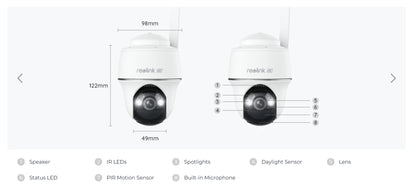 Reolink Go PT Ultra 4G Solar Camera, Wireless camera features: 4K resolution, 122mm lens, IR LEDs, sensors, and microphone.