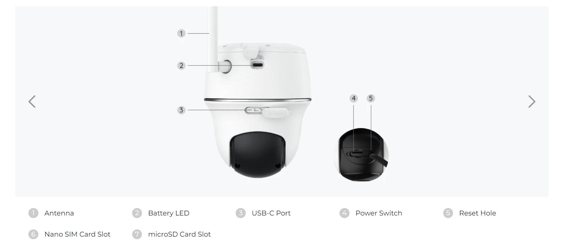 Reolink Go PT Ultra 4G Solar Camera, Wireless device with features like antenna, power switch, and SIM slot for connectivity.